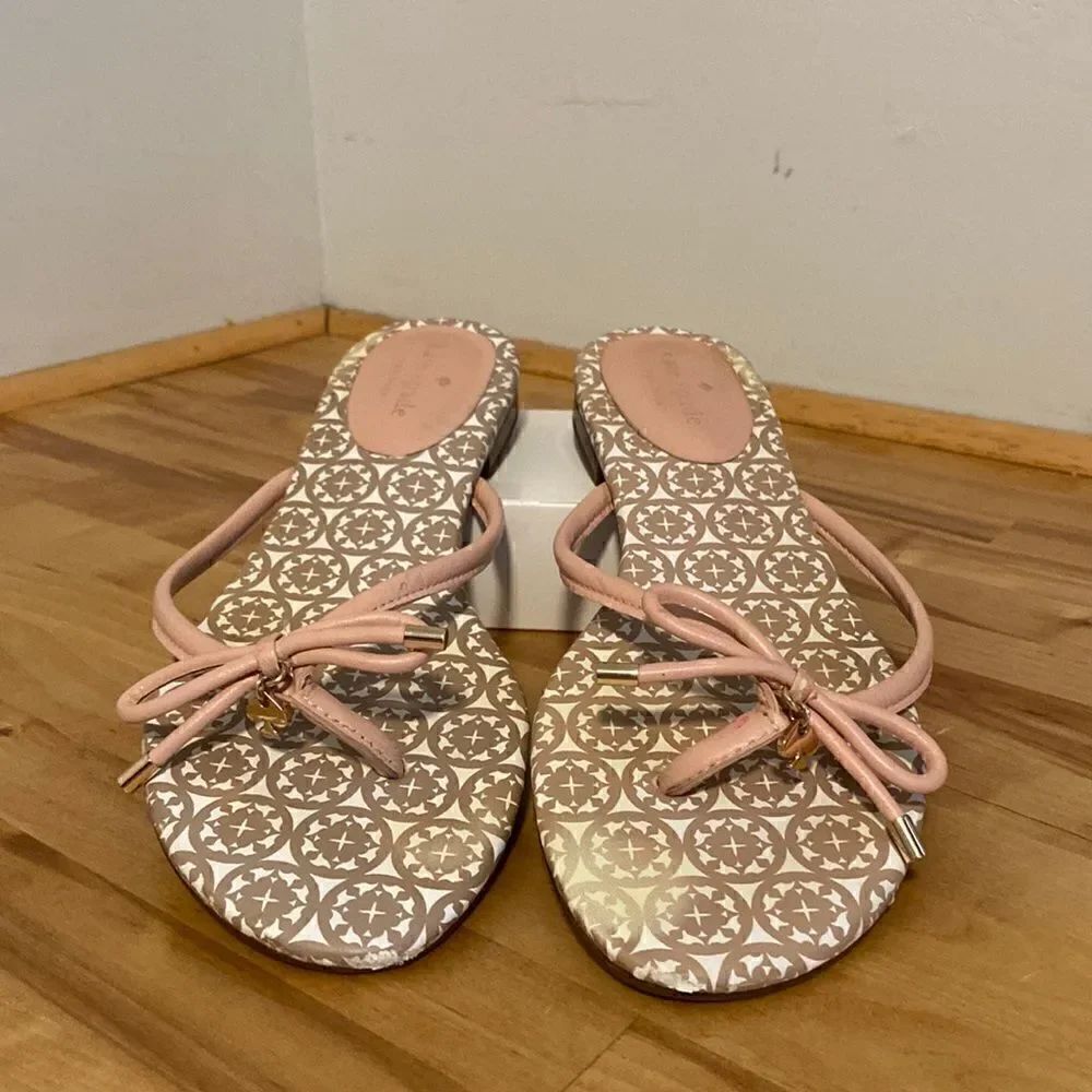 Kate Spade Taupe & Blush Pretty Bow Leather Slide On Flip Flop Sandals Size 9.5